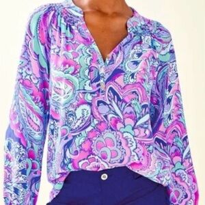 Lilly Pulitzer ELSA Blouse in Mermaids Call Silk Print, NWT, Sz. S